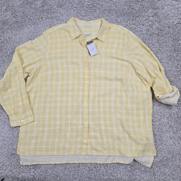J Jill Shirt Women 2X Yellow White Plaid Button Roll Tab Sleeve Beachy Coastal‎ - Picture 1 of 11